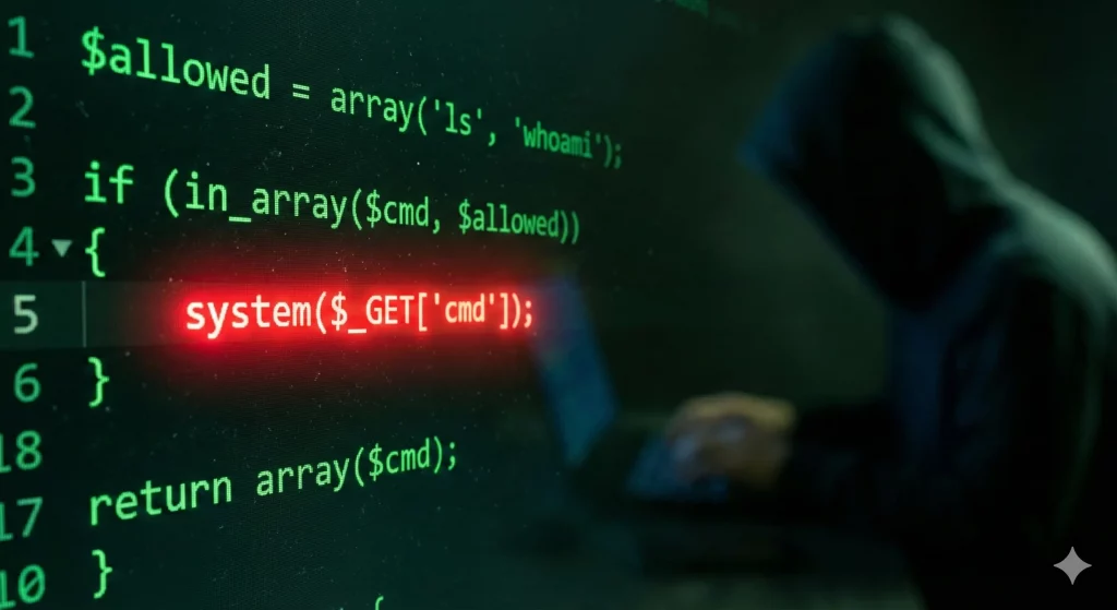 Remote Code Execution (RCE): Die unsichere Funktion system($_GET['cmd']) auf einem Monitor, die Angreifern Remote Code Execution ermöglicht