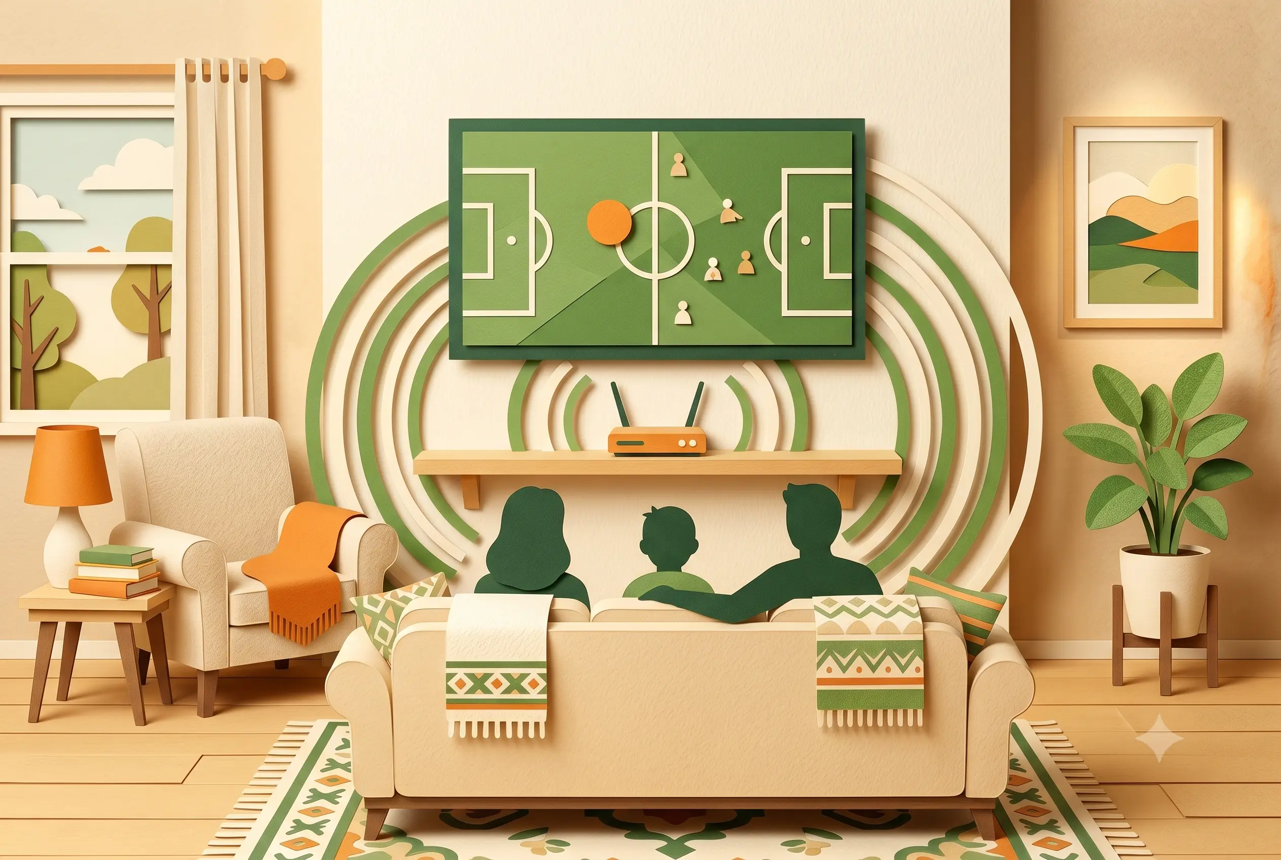 Wi-Fi 7 zur WM 2026: Wohnzimmer mit Router und Stream als Papierschnitt-Collage